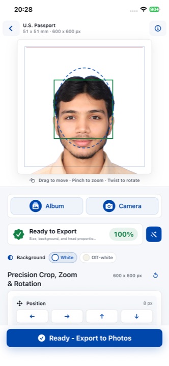 IDPhoto Pro editor showing a US passport photo check result