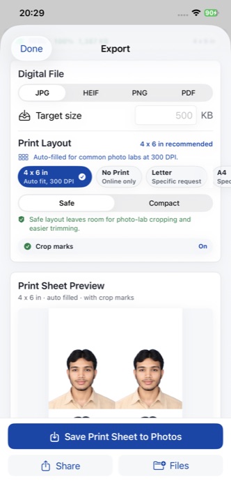 IDPhoto Pro export screen showing 4x6 print layout