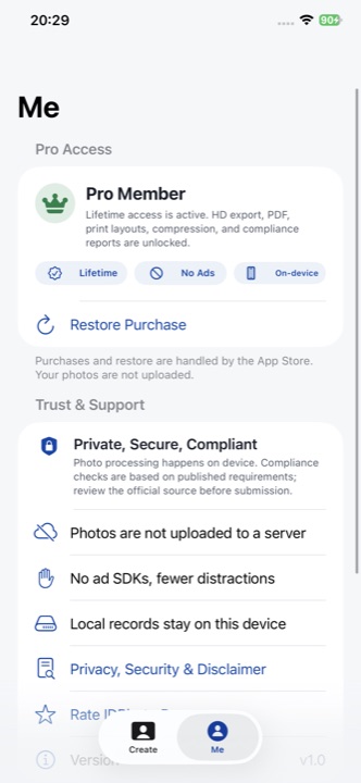 IDPhoto Pro profile page showing privacy and pro access information